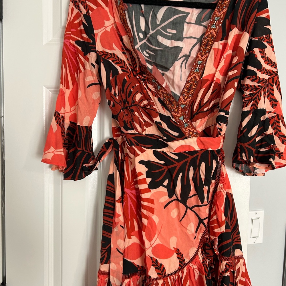 Anthropologie Farm Rio Orange Red V-Neck Bell Sleeve Sundress